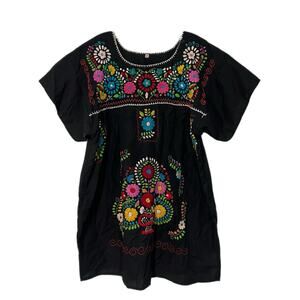 Mexican Hand Made Art Dress Large Floral Embroidered Cottagecore Artisan